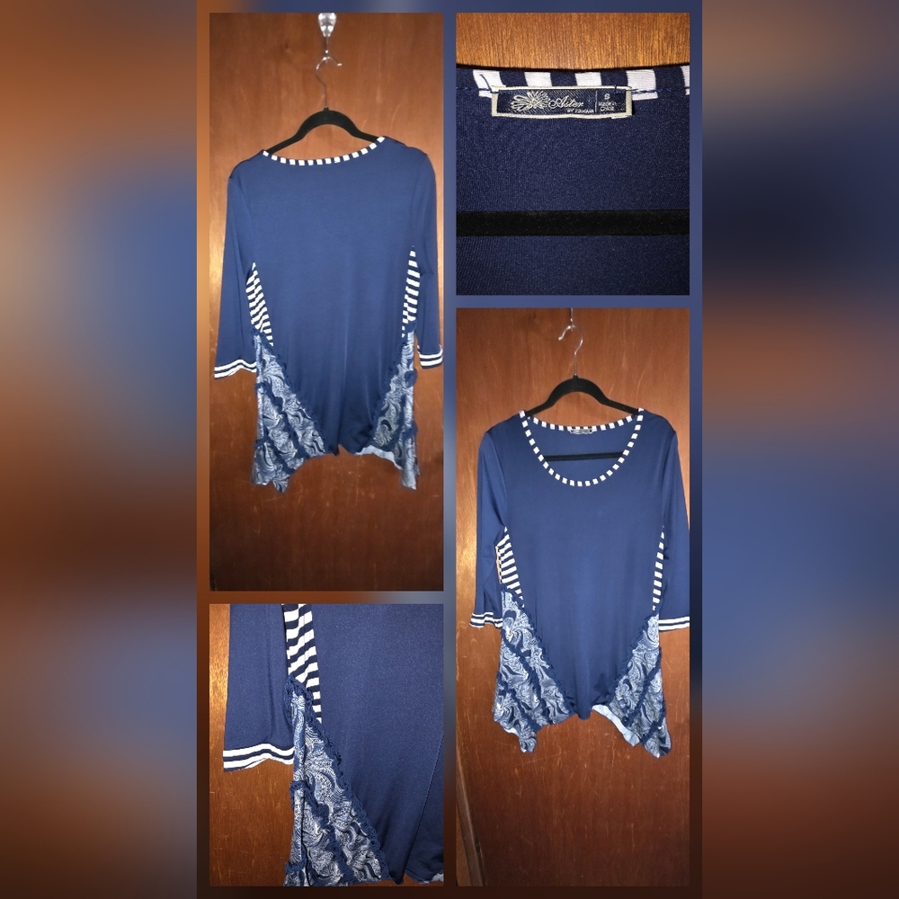 Chic Blue Women's Tunic with Striped and Floral Accents